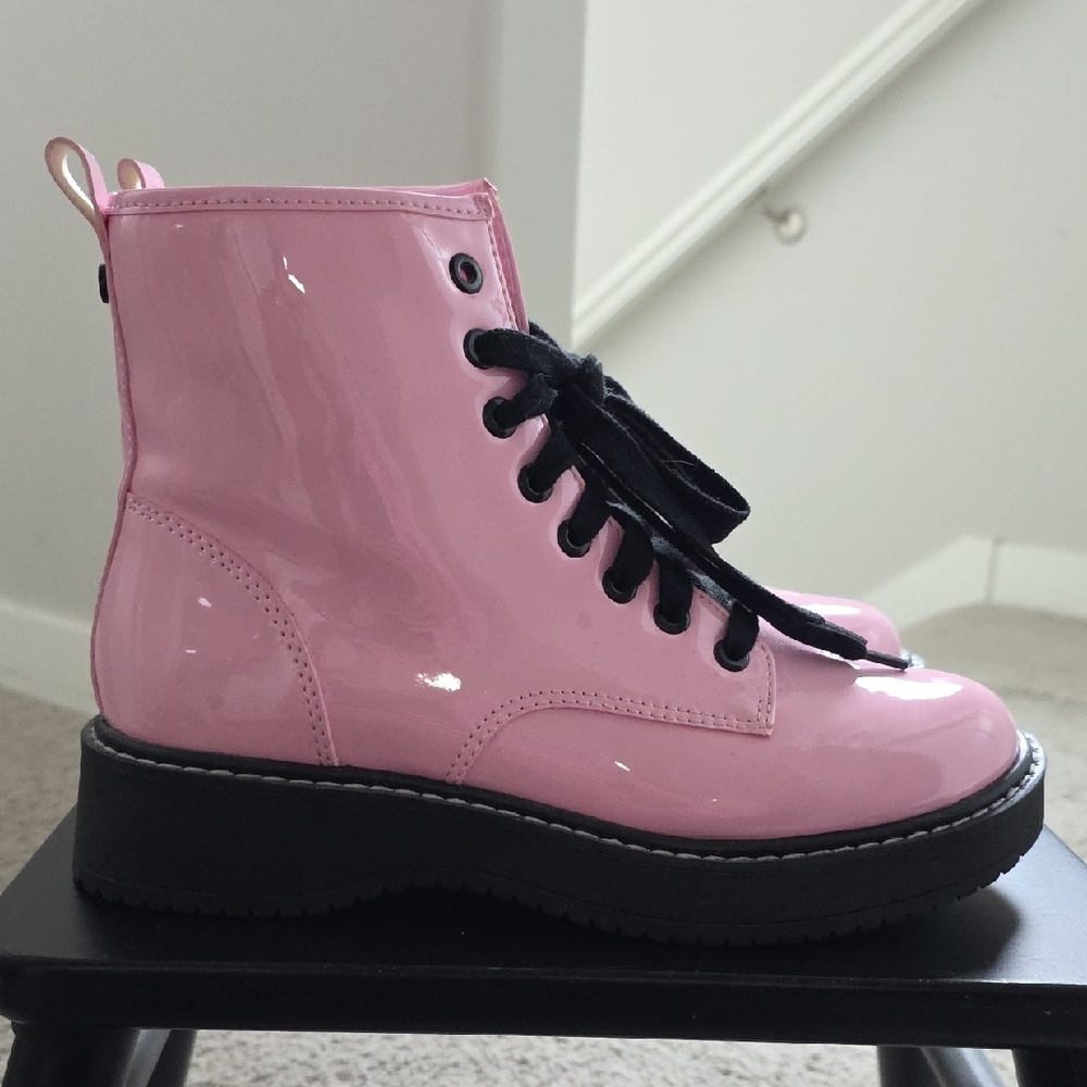 Glossy Pink Combat Boots with Black Laces - Picture 2 of 5